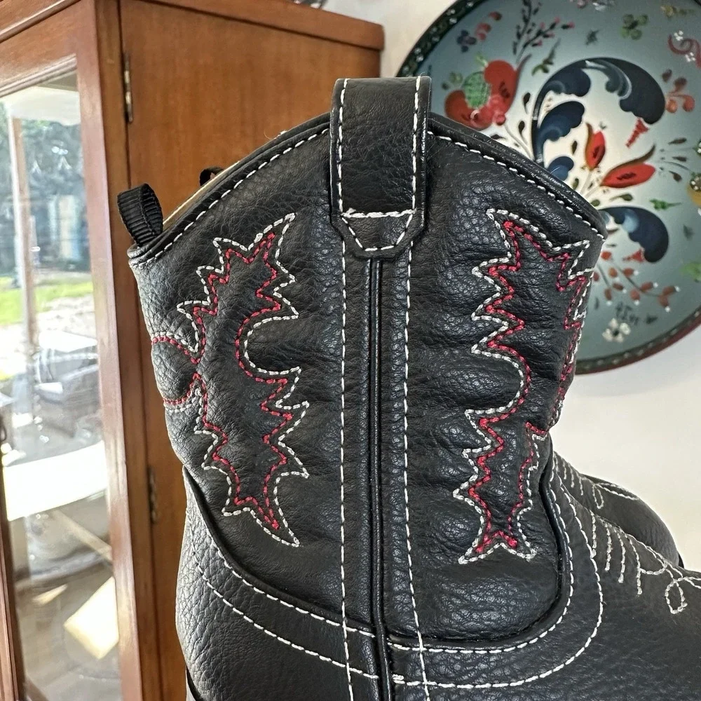 Healthtex Baby Infant Cowboy Boots Soft Black Red Western Zip Hard Sole 4 NEW